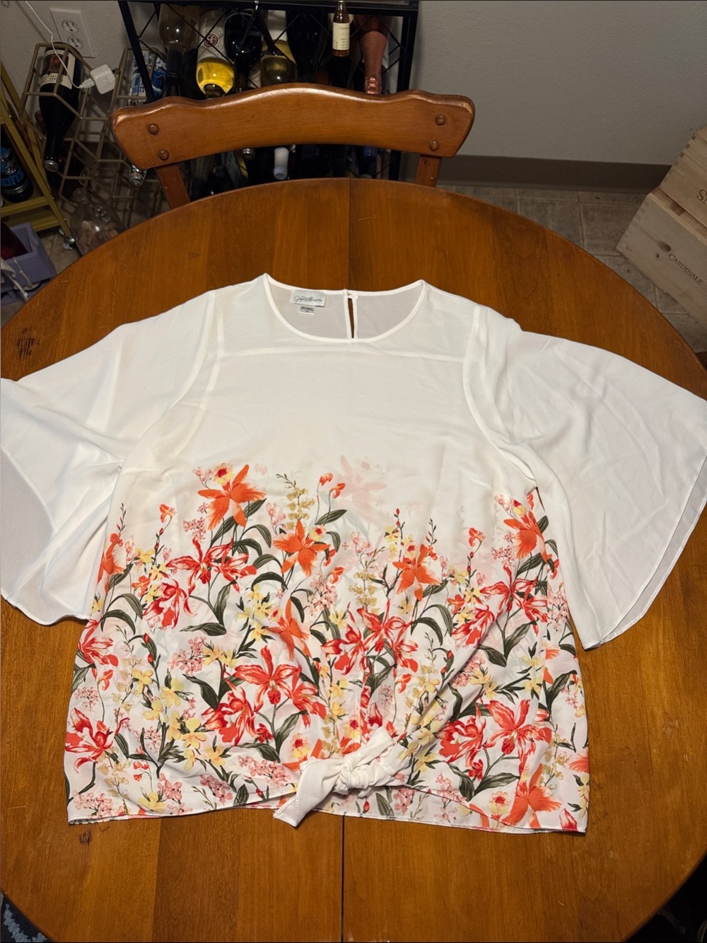 Jaclyn Smith White Tie-Front Floral Blouse with Orange and Pink Blooms